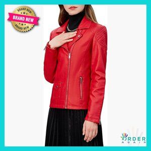 Faux Leather Moto Jacket Quilted Biker Coat Classic Windproof Zip Up Outwear